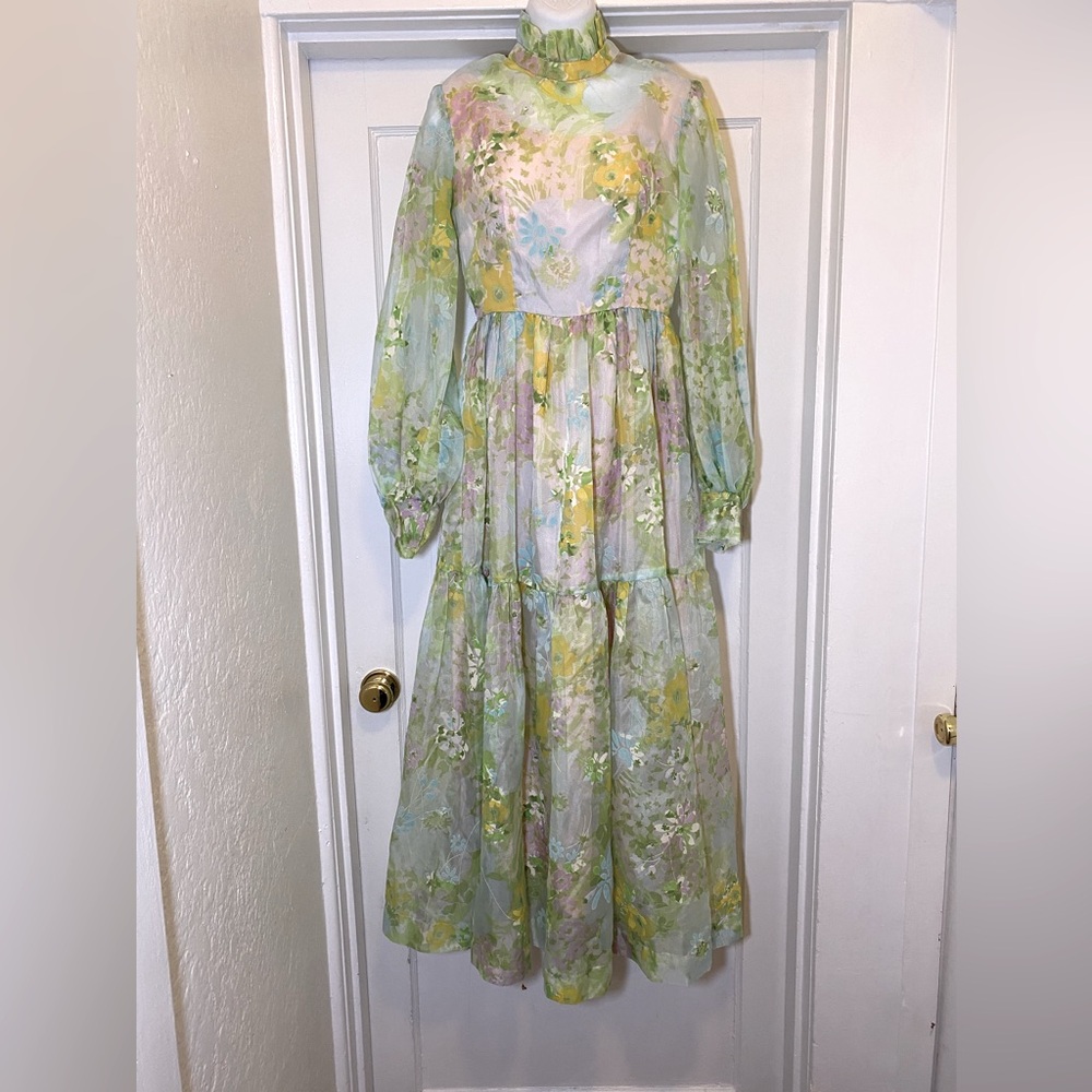 EUC True Vintage Gorgeous Handmade Cottagecore Sheer Floral Tiered Maxi Dress